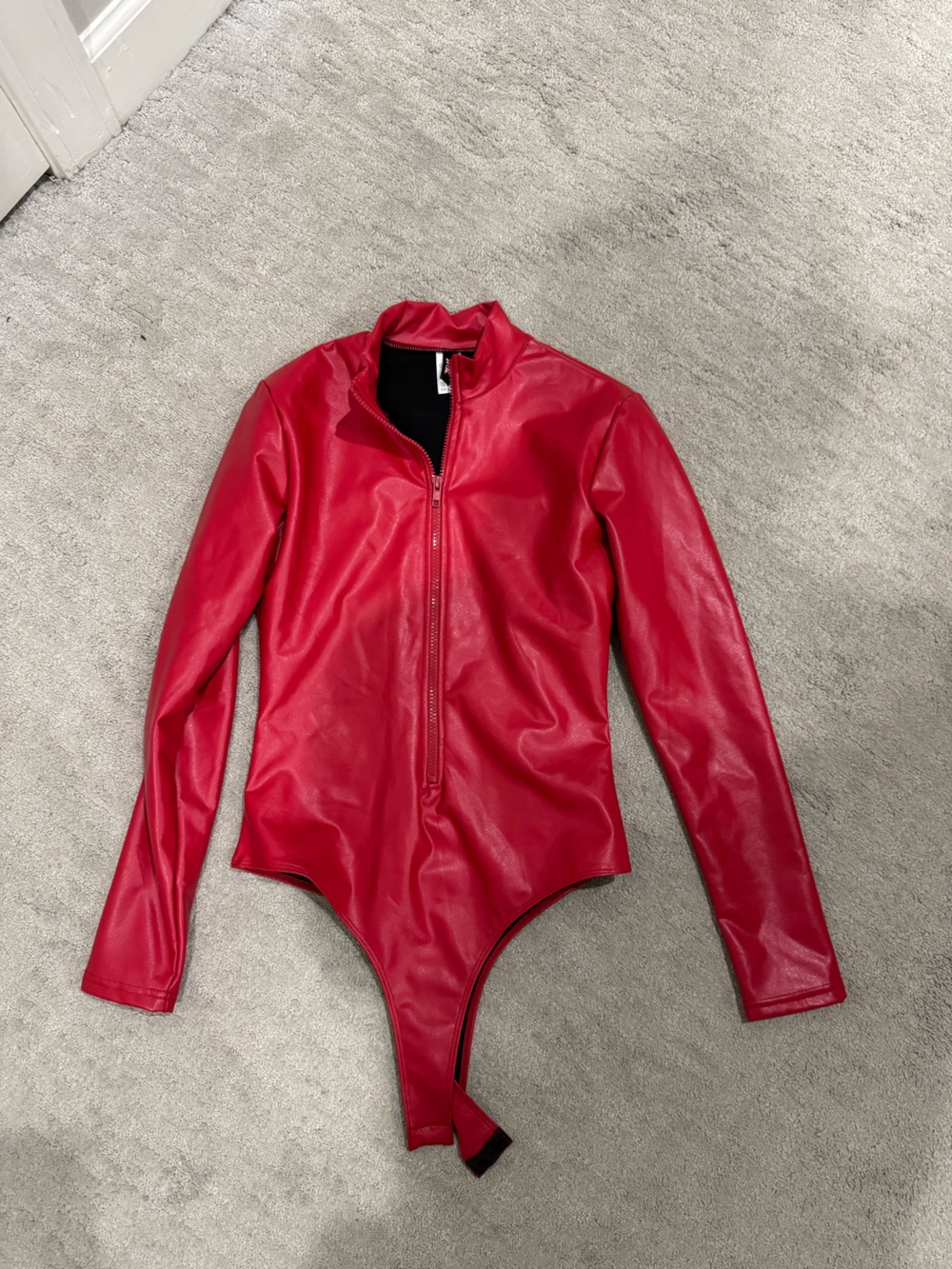 Red Faux Leather Long-Sleeve Zip Front Bodysuit